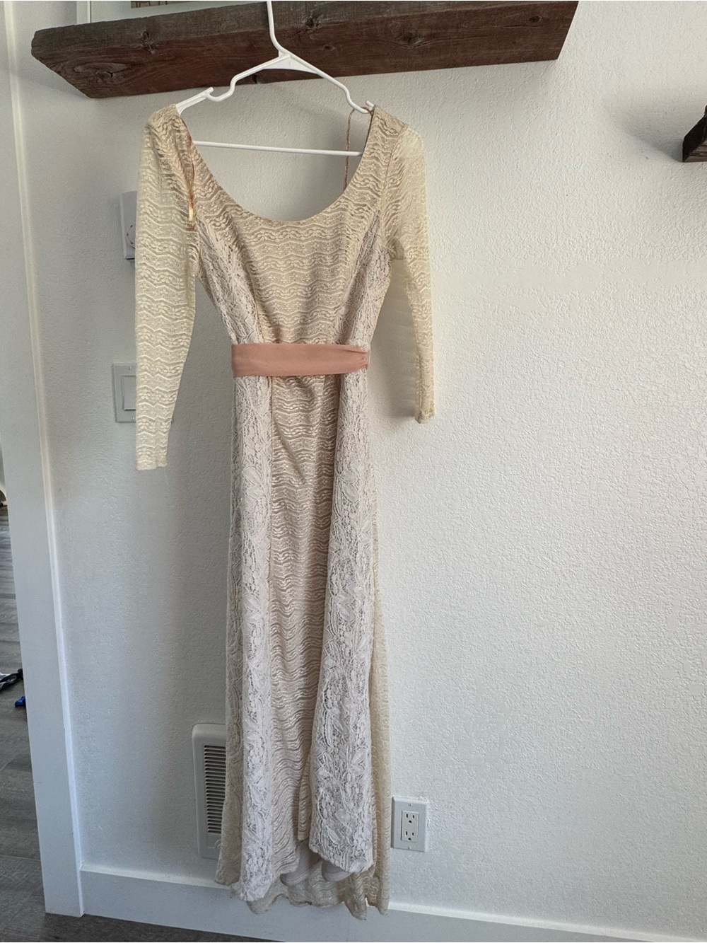 Flying Tomato Cream Lace Long Sleeve Maxi Dress with Pink Waistband